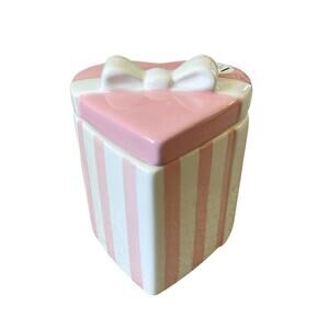 Lang Hand Painted Pink & White Heart Shaped Canister Jar with Bow Lid New